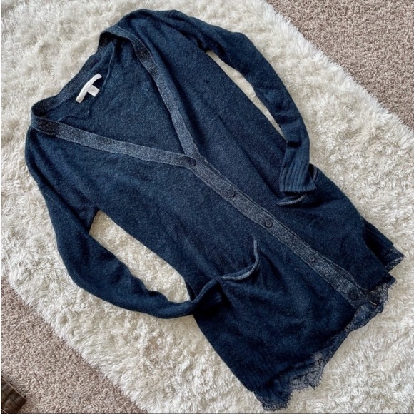 LC Lauren Conrad Cardigan Lace Trim Metallic Navy Blue w Pockets Size S - Picture 1 of 10